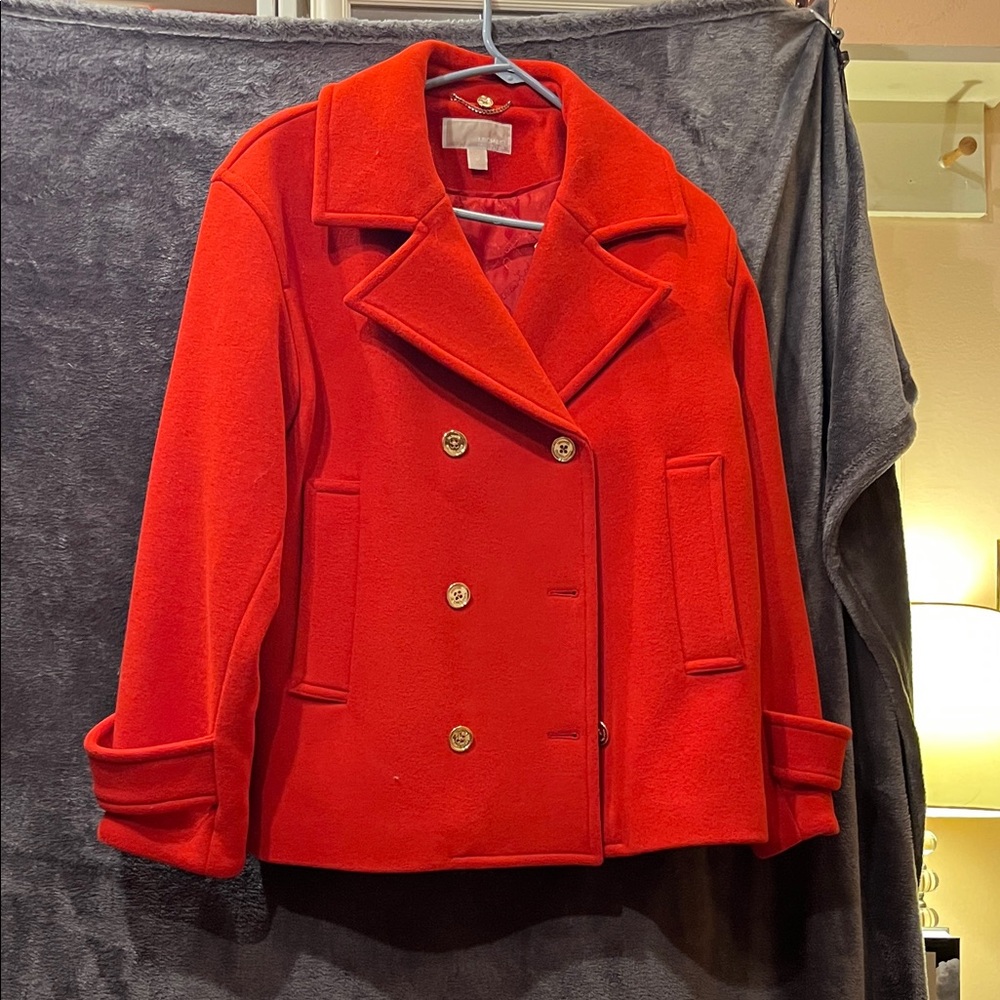 Michael Kors Vibrant Red Pea Coat with Gold Buttons